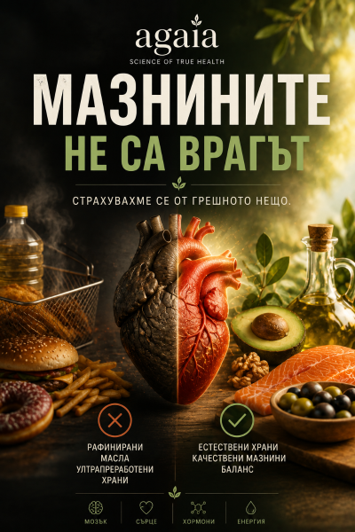 Визуализация на сърце между рафинирани мазнини и ултрапреработени храни от едната страна и естествени източници на полезни мазнини като сьомга, авокадо, маслини и зехтин от другата.