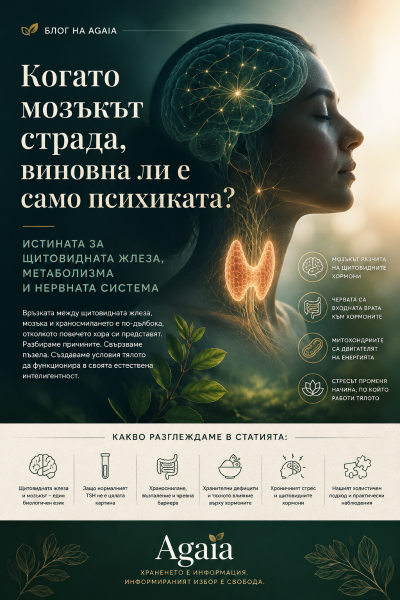 Жена с визуализирани мозък и щитовидна жлеза, представяща връзката между мозъчната функция, щитовидните хормони, метаболизма, храносмилането и стреса.